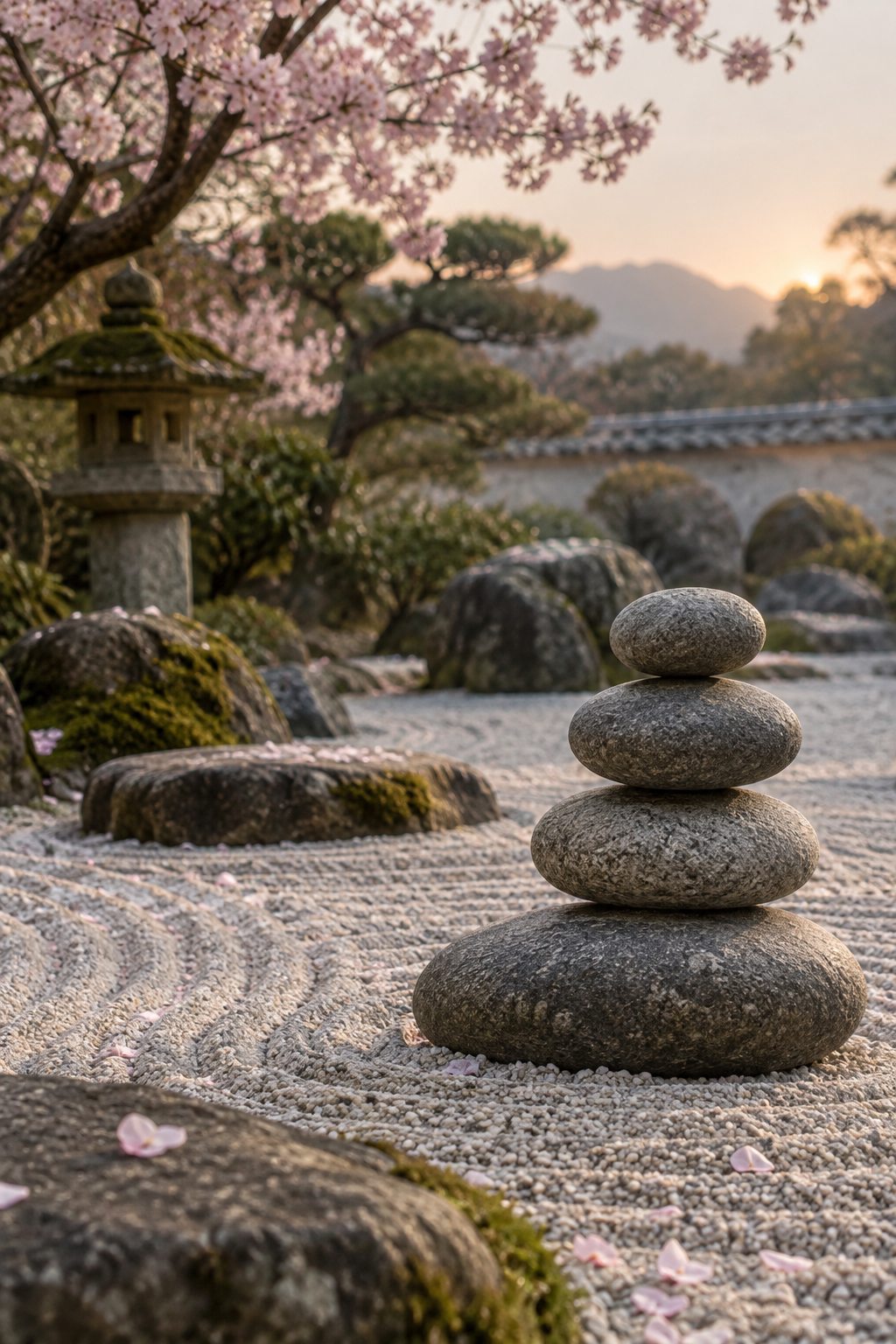 Balanced stones in a raked Zen garden