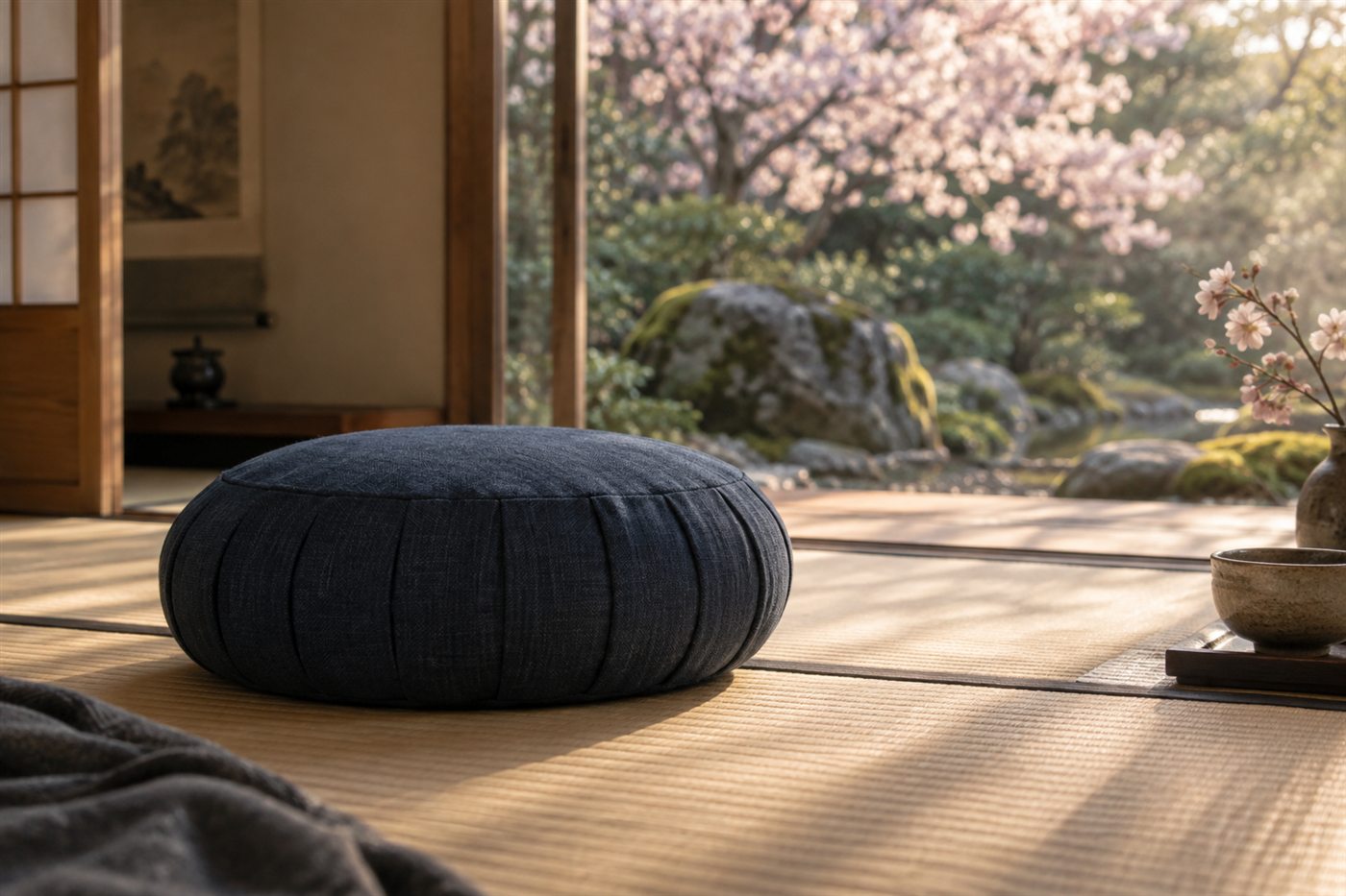 Meditation cushion in a quiet tatami room