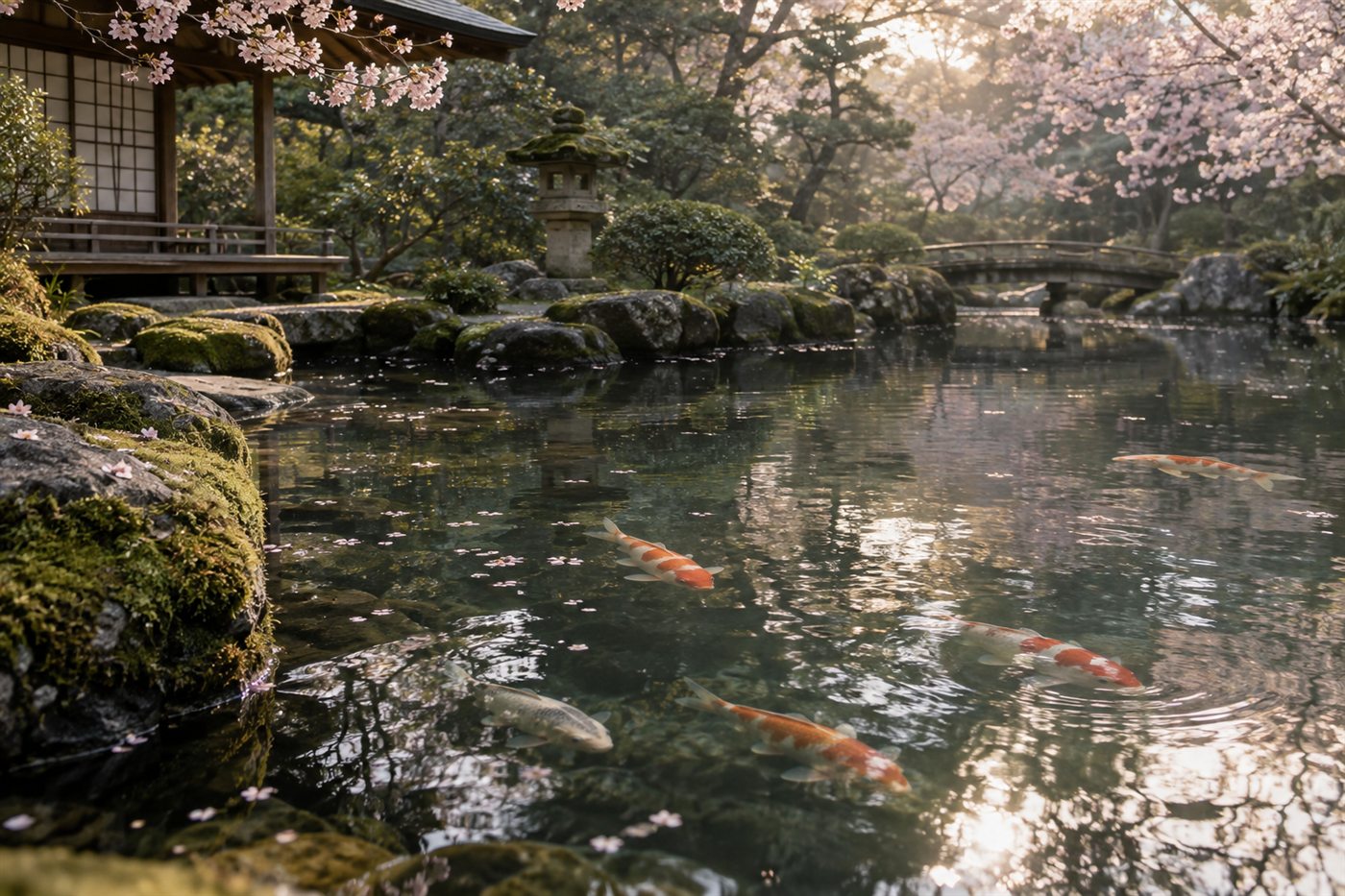 Koi beneath reflections in a garden pond