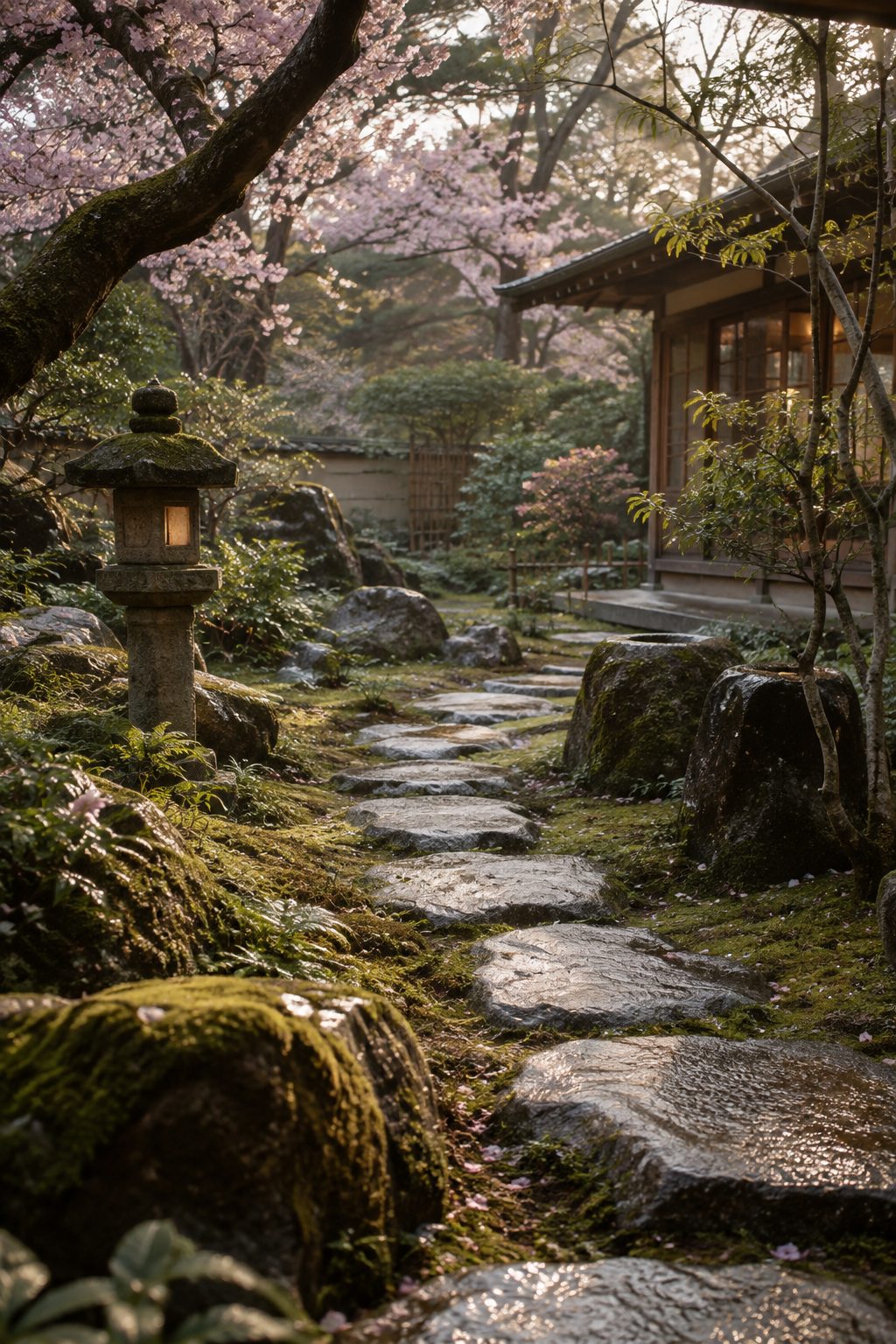 Stepping-stone path through a moss garden