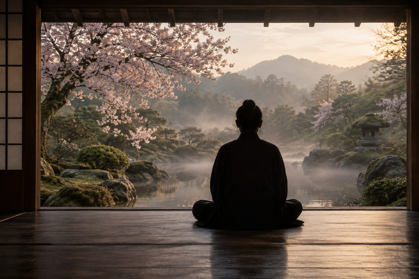 Seated meditation silhouette facing a misty garden